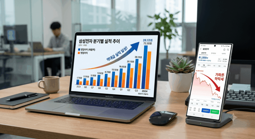 삼성전자 사상 최대 실적 달성과 주가 하락 차트 괴리 현상